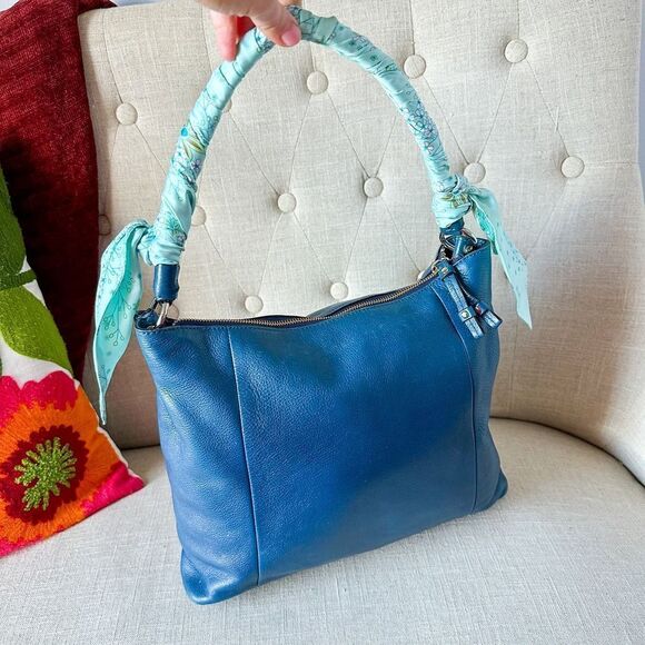Kate Spade Blue Leather Hobo Shoulder Handbag Purse Custom Silk Wrap Strap - Picture 3 of 14